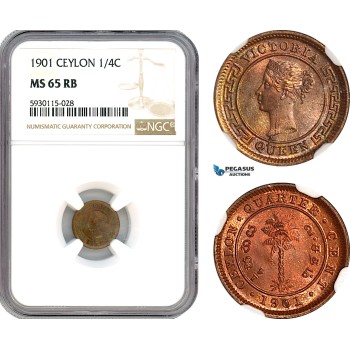 AJ686, Ceylon, Victoria, 1/4 Cent 1901, Calcutta Mint, NGC MS65RB