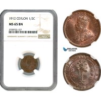 AJ687, Ceylon, George V, 1/2 Cent 1912, Heaton Mint, NGC MS65BN, Pop 1/0