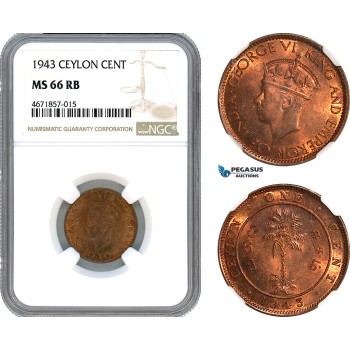 AJ688, Ceylon, George VI, 1 Cent 1943, NGC MS66RB