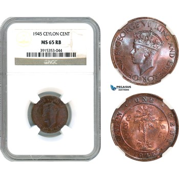 AJ689, Ceylon, George VI, 1 Cent 1945, NGC MS65RB