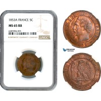 AJ693, France, Napoleon III, 5 Centimes 1853 A, Paris Mint, NGC MS65RB