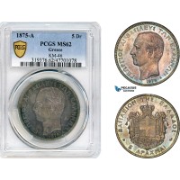 AJ695, Greece, George I, 5 Drachmai 1875 A, Paris Mint, Silver, PCGS MS62
