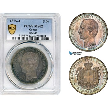 AJ695, Greece, George I, 5 Drachmai 1875 A, Paris Mint, Silver, PCGS MS62