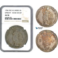AJ699, Netherlands East Indies, VOC, 3 Gulden 1786, Hand on Hip, Utrecht Mint, Silver, NGC AU58