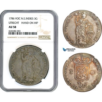 AJ699, Netherlands East Indies, VOC, 3 Gulden 1786, Hand on Hip, Utrecht Mint, Silver, NGC AU58