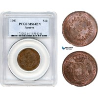 AJ700, Portugal, Azores, Charles I, 5 Reis 1901, Lisbon Mint, PCGS MS64BN