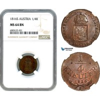 AJ709, Austria, Franz II, 1/4 Kreuzer 1816 S, Smolnik Mint, NGC MS64BN