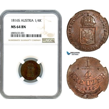 AJ709, Austria, Franz II, 1/4 Kreuzer 1816 S, Smolnik Mint, NGC MS64BN