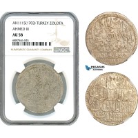 AJ712, Ottoman Empire, Turkey, Ahmed III, 1 Zolota AH1115 (1703) Islambul Mint, Silver, NGC AU58