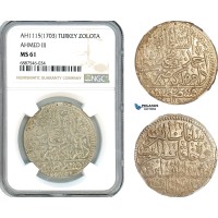 AJ713, Ottoman Empire, Turkey, Ahmed III, 1 Zolota AH1115 (1703) Islambul Mint, Silver, NGC MS61