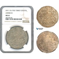 AJ714, Ottoman Empire, Turkey, Ahmed III, 1 Zolota AH1115 (1703) Islambul Mint, Silver, NGC MS61