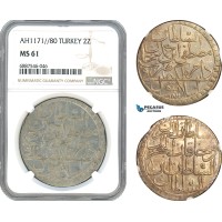 AJ715, Ottoman Empire, Turkey, Mustafa III, 2 Zolota AH1171//80, Islambul Mint, Silver, NGC MS61