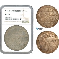 AJ716, Ottoman Empire, Turkey, Mustafa III, 2 Zolota AH1171//82, Islambul Mint, Silver, NGC MS61