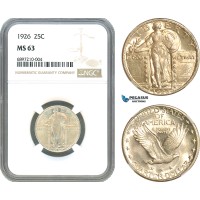 AJ718, United States, Standing Liberty Quarter (25 Cents) 1926, Philadelphia Mint, Stars Below Eagle, Silver, NGC MS63
