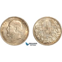 AJ722, Bulgaria, Ferdinand I, 1 Lev 1912, Some remaining luster, Silver, XF