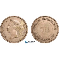 AJ729, Straits Settlements, Victoria, 50 Cents 1891, London Mint, Silver, VF-