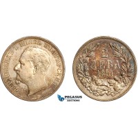 AJ735, Bulgaria, Ferdinand I, 2 Leva 1891 KB, Kremnica Mint, Silver, XF-