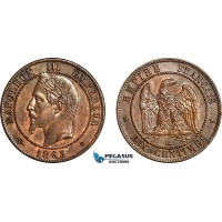 AJ739, France, Napoleon III, 10 Centimes 1863 BB, Strasbourg Mint, Some Luster, UNC