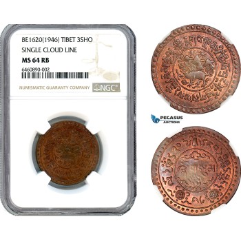 AJ785, China, Tibet, 3 Sho BE1620 (1946) Single Cloud Line, NGC MS64RB, Pop 1/0, Rare!