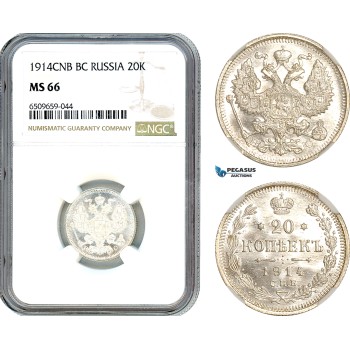 AJ795, Russia, Nicholas II, 20 Kopeks 1914 СПБ-BC, St. Petersburg Mint, Silver, NGC MS66