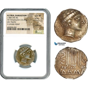 A9-001, Illyria, Damastium (Damastion) AR Tetradrachm (13.45g) c. 400-345 BC, Obv.: Apollo head right, Rev.: Ornate tripod, NGC Ch VF, Strike 3/5, Surface 2/5, Scratches, Rare!