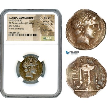 A9-002, Illyria, Damastium (Damastion) AR Tetradrachm (12.60g) c. 400-345 BC, Obv.: Apollo head right, Rev.: Ornate tripod, NGC Ch VF, Strike 3/5, Surface 3/5, Light marks, Rare!