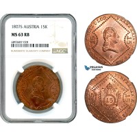 A9-037, Austria, Francisc I, 15 Kreuzer 1807 S, Schmöllnitz Mint, Her-1028, Very rare condition and mint mark, NGC MS63RB, Top Pop and single finest graded!