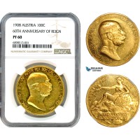 A9-046, Austria, Franz Joseph, ''Lady in the Clouds'' 100 Corona 1908, 60th Anniversary of his Reign, Kremnitz Mint, Gold, KM# 2812, NGC PF60, Rare!