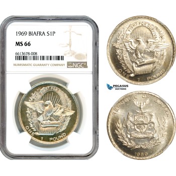 A9-059, Biafra, 1 Pound 1969, Silver, KM# 6, Fully reflective fields, Light toning, NGC MS66