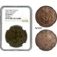 A9-131, China, Chihli, Dollar Yr. 34, (1908) Tientsin Mint, Silver, L&M 465C (Small letters), Dark toning, NGC AU Det. Stained