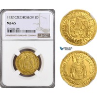 A9-144, Czechoslovakia, 2 Dukat 1932, Kremnica Mint, Gold, KM# 9, NGC MS65, Rare!