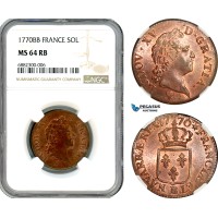 A9-179, France, Louis XV, Sol 1770 BB, Strasbourg Mint, Gad 280, Exceptional condition, NGC MS64RB, Top Pop and single finest graded!