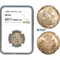 A9-181, France, Louis XVI, 1/5 Ecu 1788 W, Lille Mint, Silver, Gad 354, Champagne toning, exceptional quality, NGC MS63+ (Slab error as 1/4E), Top Pop and single finest graded!