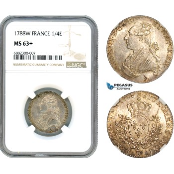 A9-181, France, Louis XVI, 1/5 Ecu 1788 W, Lille Mint, Silver, Gad 354, Champagne toning, exceptional quality, NGC MS63+ (Slab error as 1/4E), Top Pop and single finest graded!