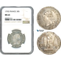 A9-182, France, Louis XVI, 30 Sols 1792 I, Limoges Mint, Silver, Gad 39, Light toning, lustrous, rare condition, NGC MS63