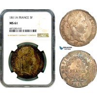 A9-185, France, Napoleon, 5 Francs 1811 A, Paris Mint, Silver, Gad 584, Amber toning, NGC MS61