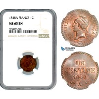 A9-189, France, Second Republic, Centime 1848 A, Paris Mint, Gad 84, NGC MS65BN