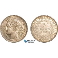A9-191, France, Second Republic, 5 Francs 1851 A, Paris Mint, Silver, KM# 761, Light champagne toning, AU