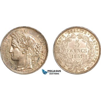 A9-191, France, Second Republic, 5 Francs 1851 A, Paris Mint, Silver, KM# 761, Light champagne toning, AU