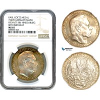 A9-223, Germany, Weimar Republic, Silver Medal 1927 D, By K. Goetz, Munich Mint, Silver, Paul von Hindenburg, on his 80th Birthday, Kienast 386, Very lustrous with cabinet toning, NGC MS65