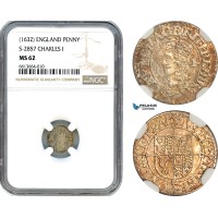 A9-225, England, Charles I, Penny 1632, Silver, S-2857, Cabinet toning, NGC MS62, Top Pop and single finest graded!