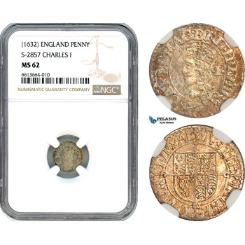 A9-225, England, Charles I, Penny 1632, Silver, S-2857, Cabinet toning, NGC MS62, Top Pop and single finest graded!