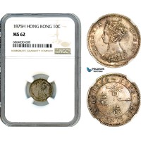 A9-235, Hong Kong, Victoria, 10 Cents 1875 H, Heaton Mint, Silver, Prid-66, NGC MS62