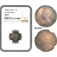 A9-254, India, Victoria, 1/4 Rupee 1888 C, Calcutta Mint, Silver, KM# 490, Dark toning, NGC MS64