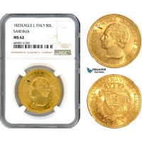 A9-275, Italy, Sardinia, Carlo Felice, 80 Lire 1825 (Eagle) L, Turin Mint, Gold, KM# 123.1, Fr-1132, NGC MS62, Undergraded in our opinion!