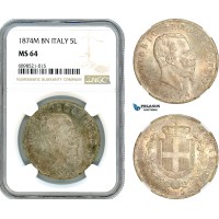 A9-277, Italy, Vittorio Emanuele II, 5 Lire 1874 M BN, Milan Mint, Silver, KM# 8.3, Light champagne toning, NGC MS64, Top Pop