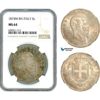 A9-277, Italy, Vittorio Emanuele II, 5 Lire 1874 M BN, Milan Mint, Silver, KM# 8.3, Light champagne toning, NGC MS64, Top Pop