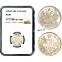 A9-510, Russia, Nicholas II, 20 Kopeks 1914 СПБ BC, St. Petersburg Mint, Silver, Bitkin# 116, Blast white, NGC MS66