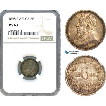 A9-548, South Africa (ZAR) Sixpence (6P) 1895, Pretoria Mint, Silver, KM# 3, Dark cabinet toning! NGC MS63