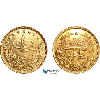 A9-584, Turkey, Ottoman Empire, Mehmed V, 500 Kurush AH1327//5, Kostantiniye Mint, Gold (36.08g) KM# 730, Cleaned, EF-UNC